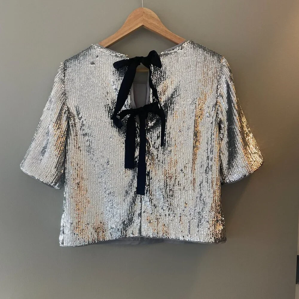 NWOT J.Crew Sequin Party Top Ribbon Bow Back Silver Size 000